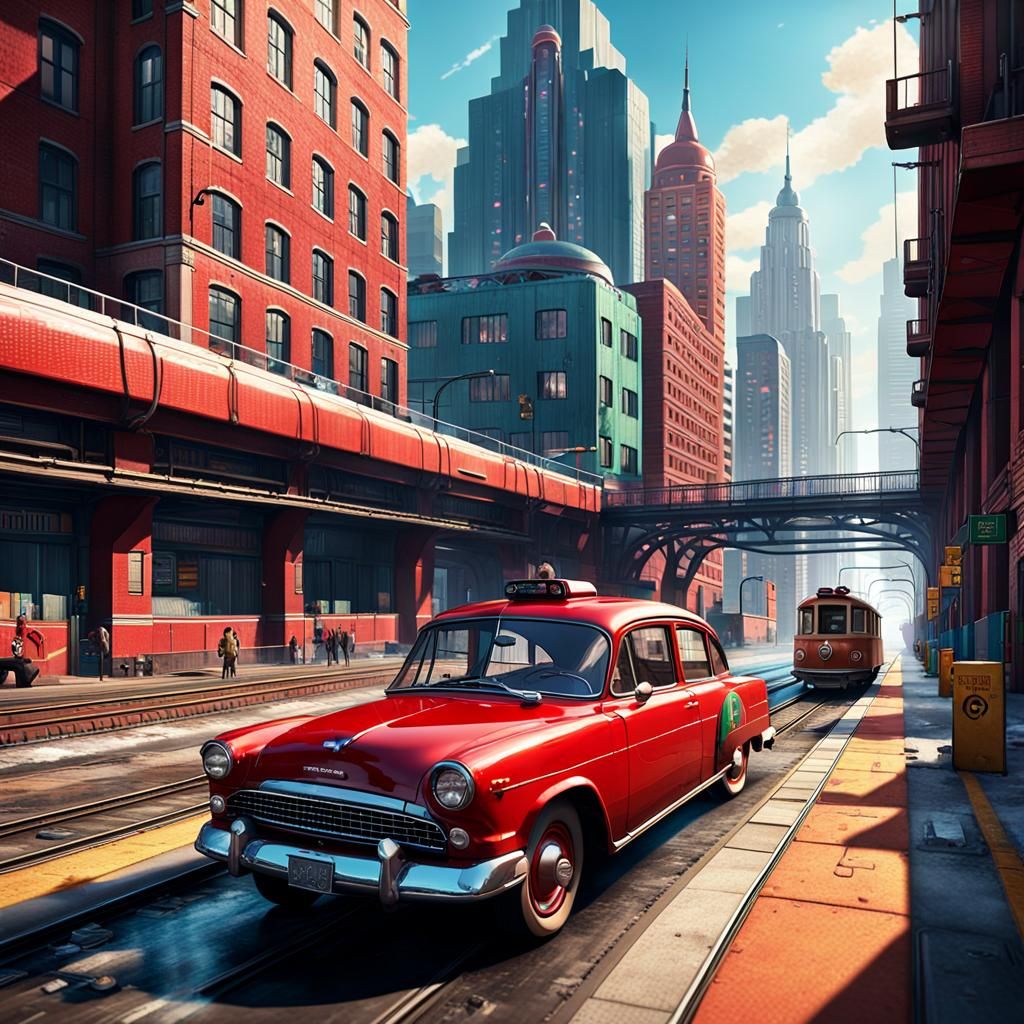 Retrofuturistic Red Car Scene in Dieselpunk City