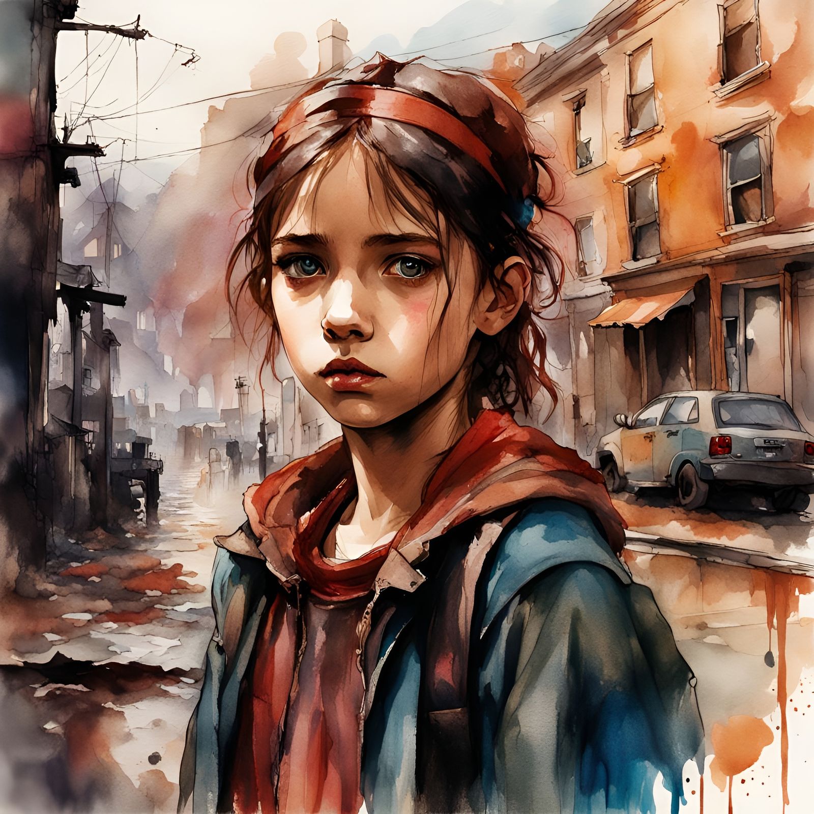 Watercolor Illustration of a Girl in Dystopian City