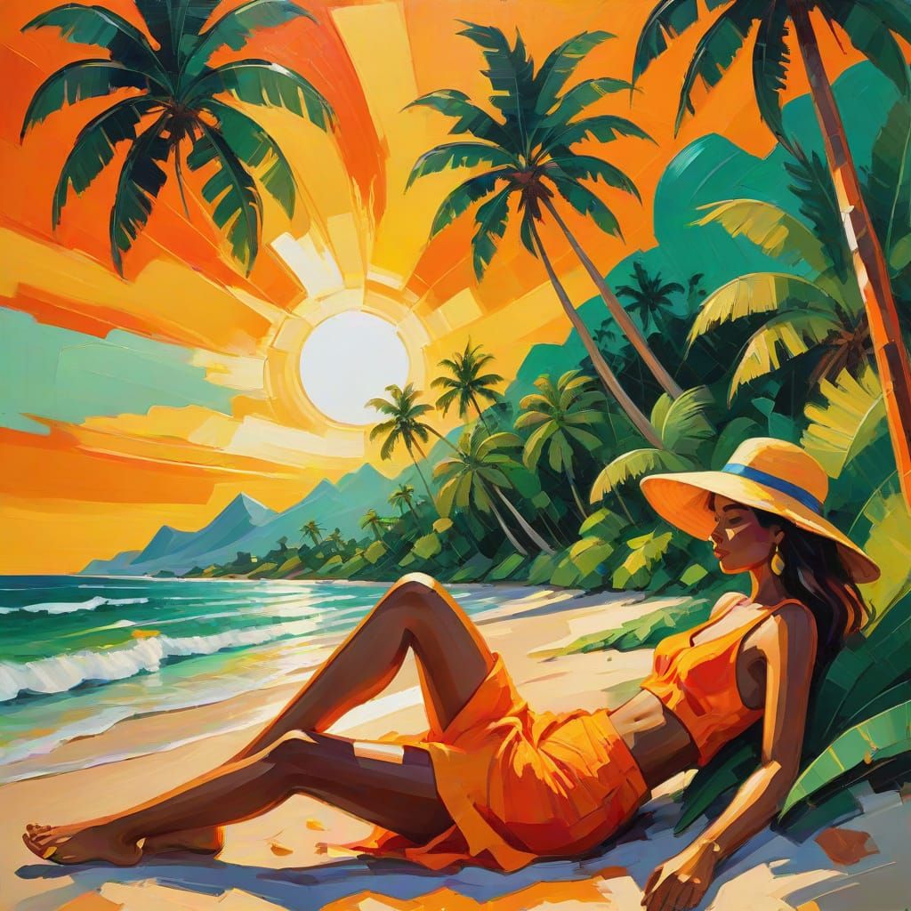 Woman on Tropical Beach in Fauvist Style