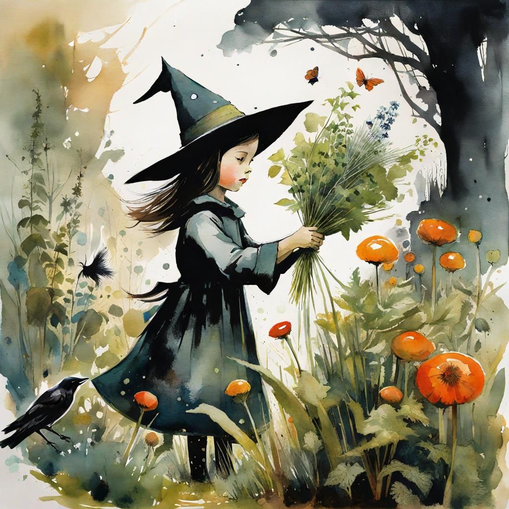 Whimsical Witch in Magical Garden, Watercolor Art Brut
