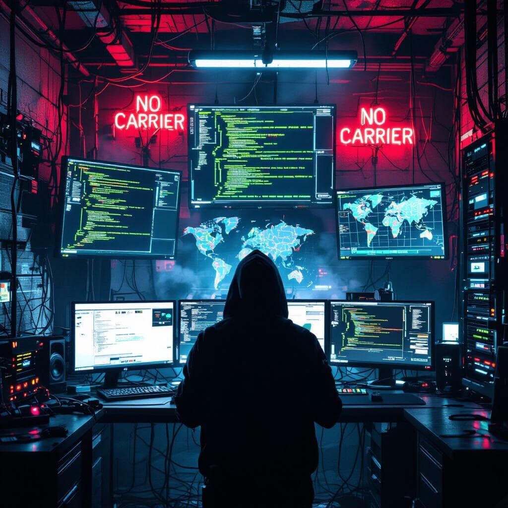 Hacker Silhouetted Against Neon Code Screens in Gritty Basem...