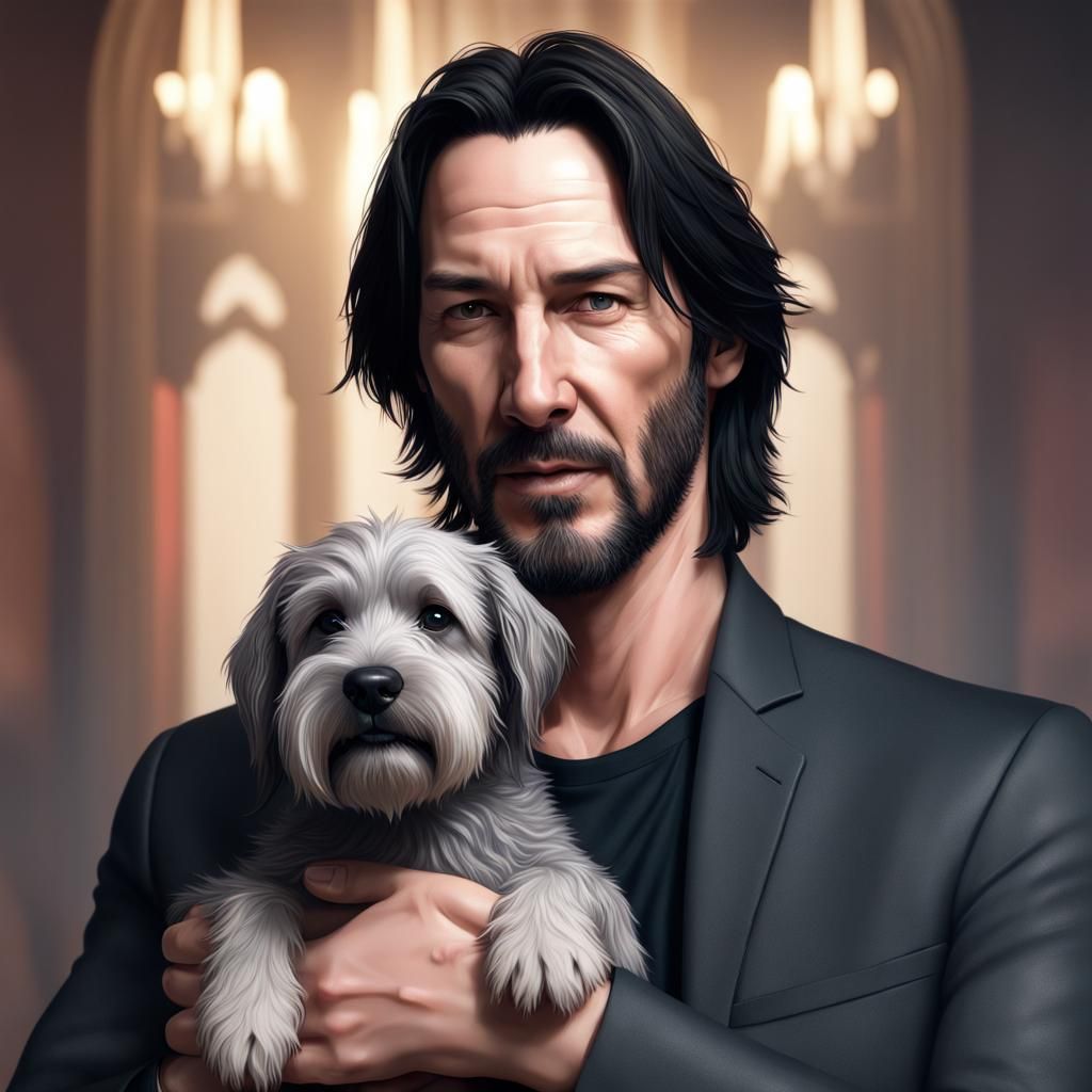 Keanu Reeves with Miniature Schnauzer: Hyperrealistic Portra...