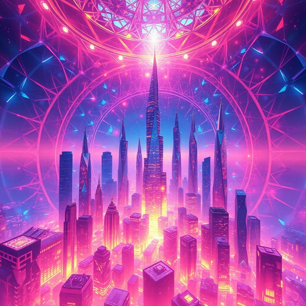 City of Fire Submerged in Geometric Light: Anime Art