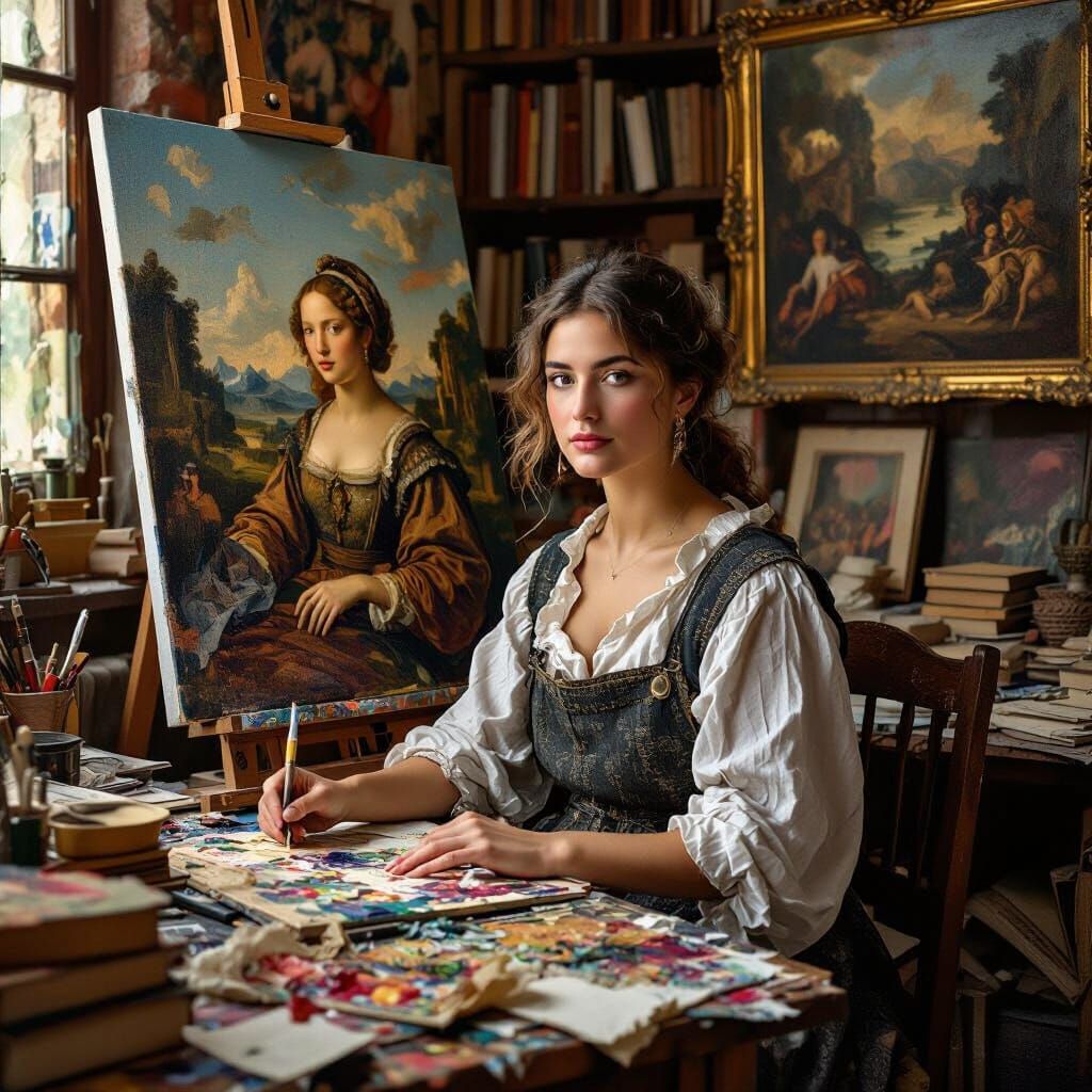 Renaissance Artist in Studio, Hyperrealistic Concept Art