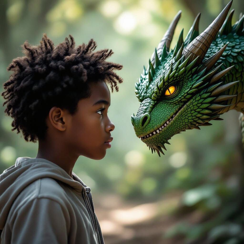 Young Boy Noah Faces Green Dragon in Epic Cinematic Scene