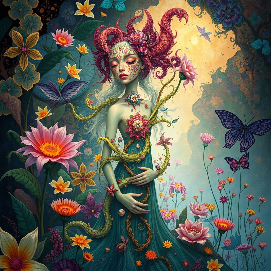 Ethereal Goddess Blodeuwedd in Vibrant Fantasy Realm