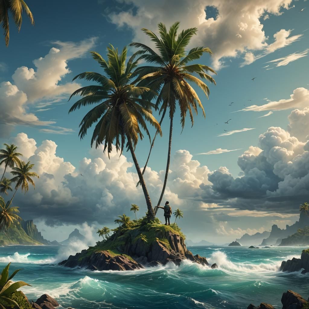 Man on Island in Turbulent Ocean, Fantasy Art