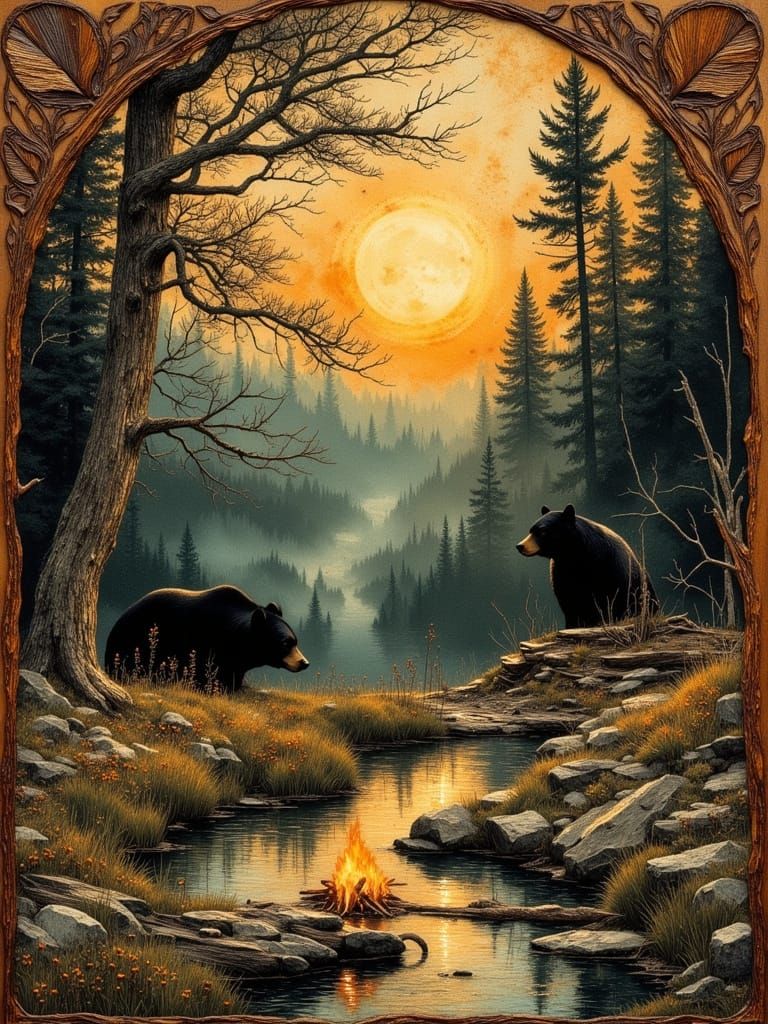 Buck and Bear Black Forest Scene in Oil Painting Style