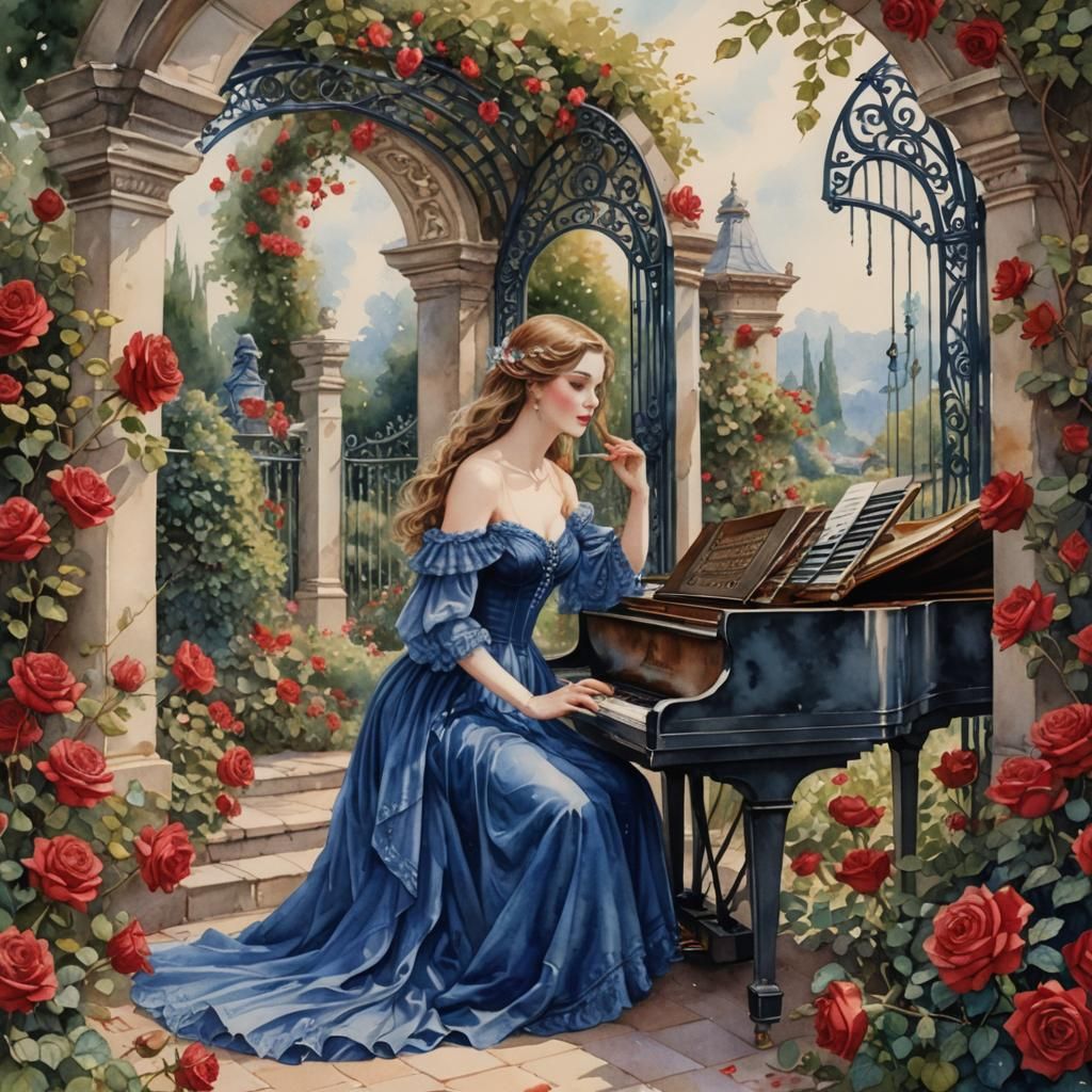 Fantasy Woman in Rose Garden: Antique Watercolor