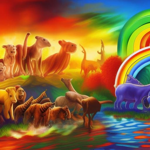 Noah's Ark: Animals and Rainbow in Hyperrealistic Style