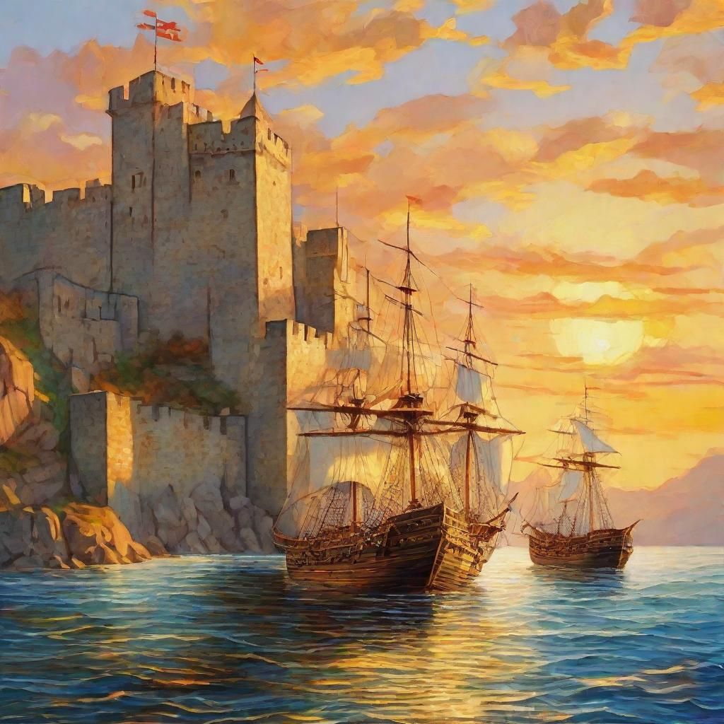 Fortress at Sunset: A Medieval-Style Oil Painting