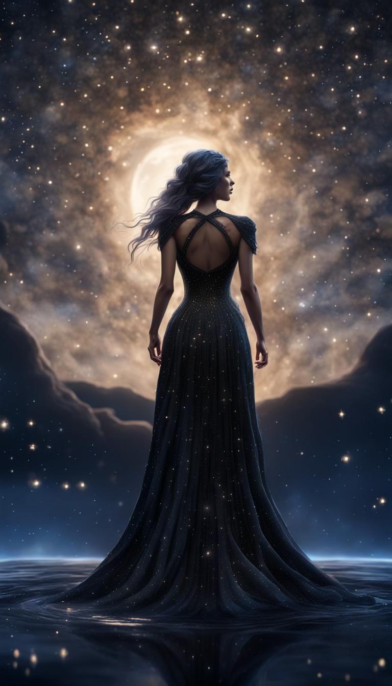 Goddess of Night in Starry Sky: Detailed Matte Painting