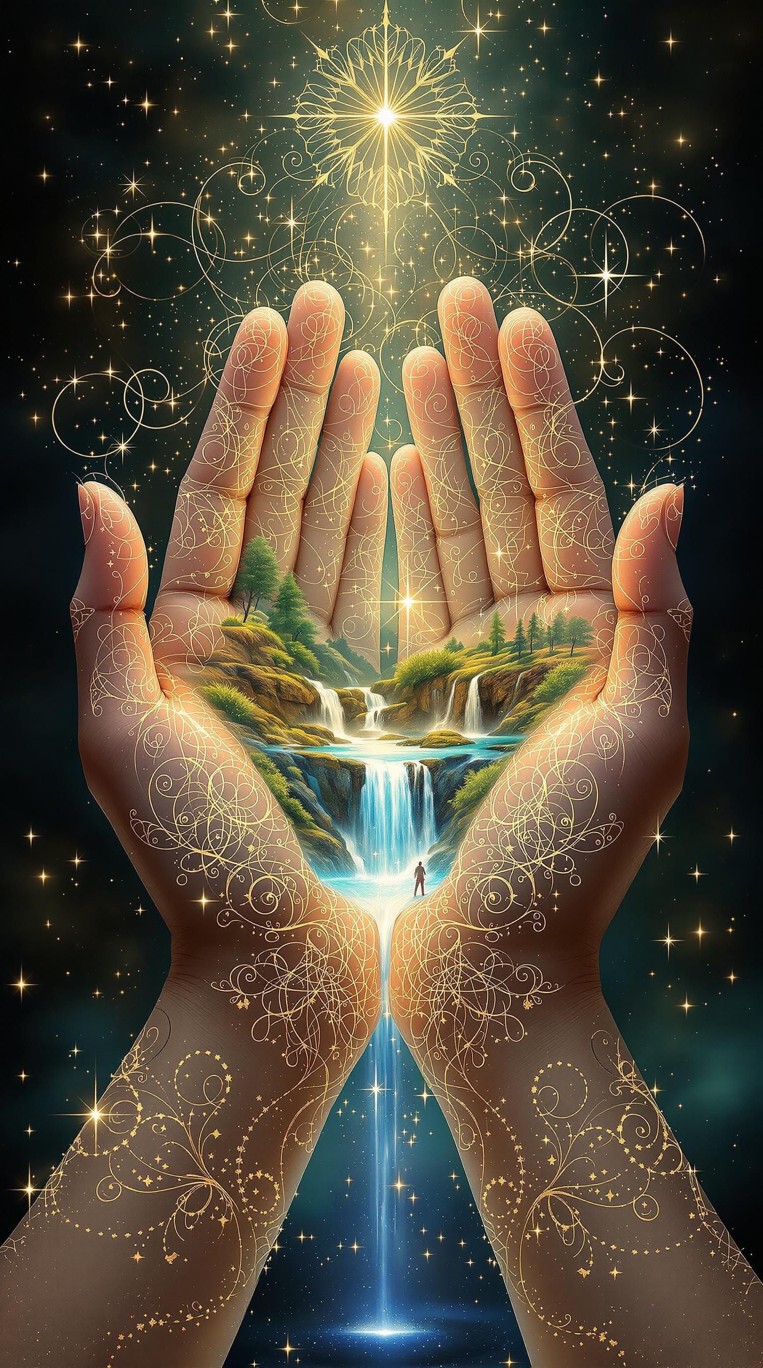 Open Hands Reveal Dreamlike Landscape with Mystical Waterfal...
