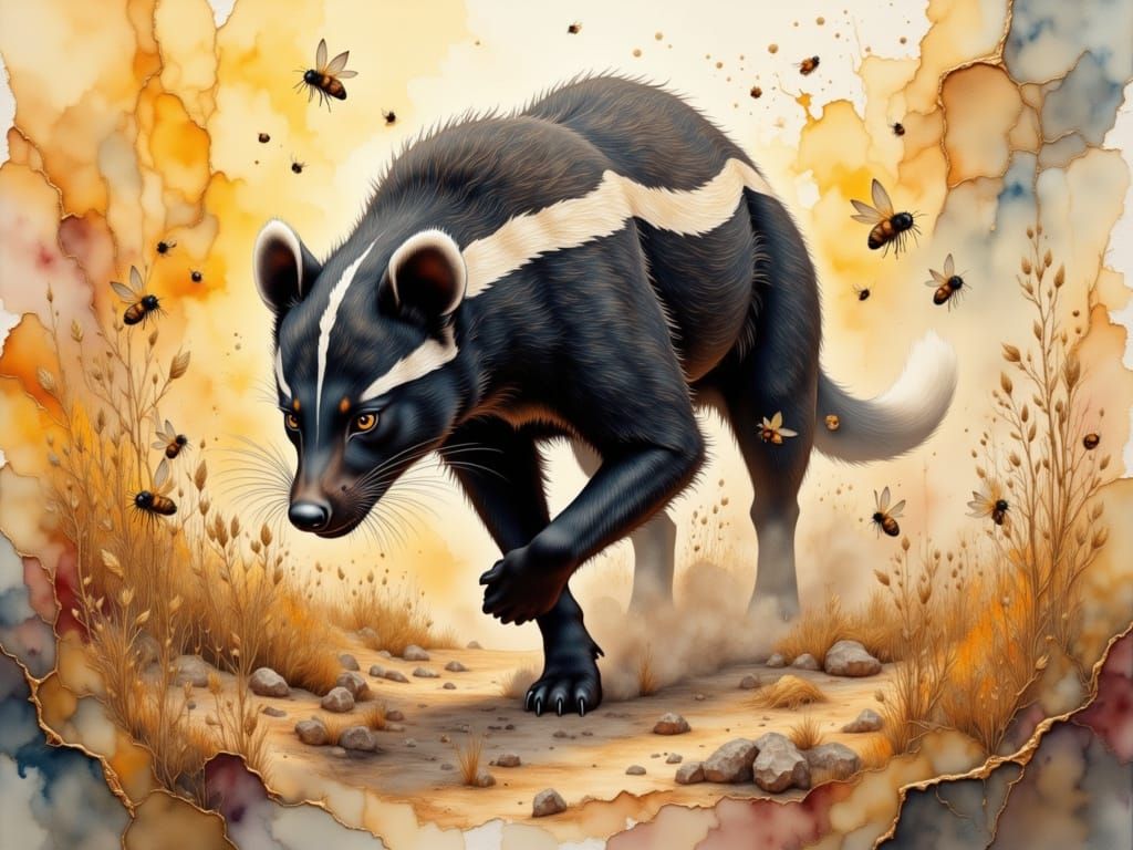 Honey Badger Charges Through Savanna in Watercolor Style