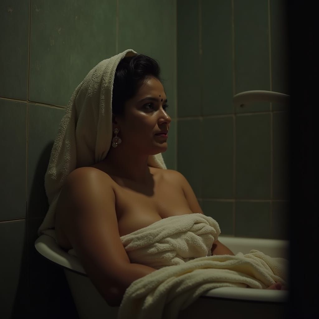 Fair and Chubby Indian Lady in Atmospheric Bathroom Scene