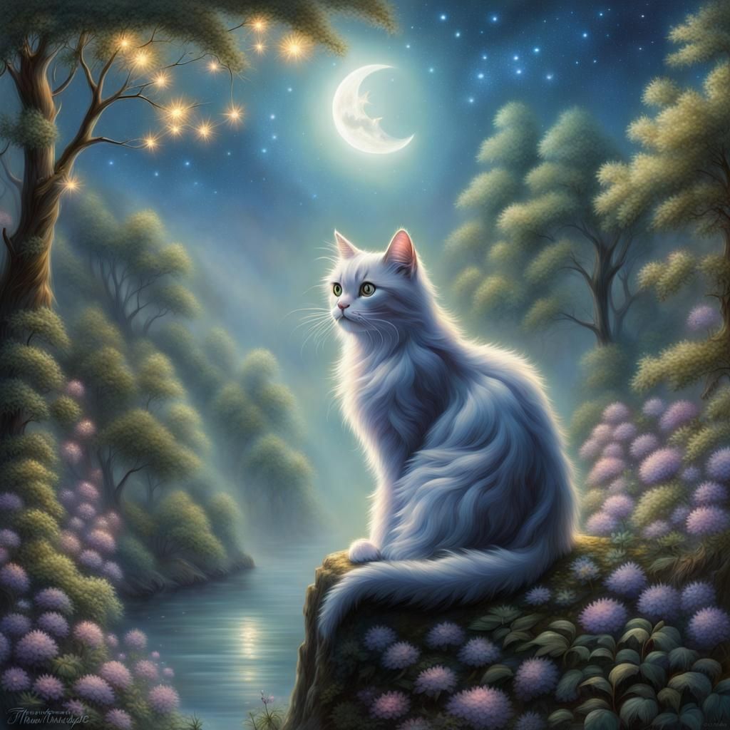 Moonlit Cat in Mystical Forest Under Starry Sky