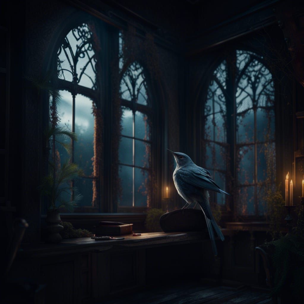Nightingale Outside Window in Dark Fairy Tale Style