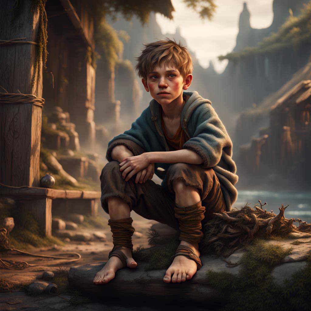 Detailed Matte Painting of a Barefoot Boy