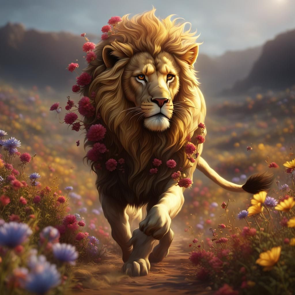 Majestic golden lion running through an empty landscape and wherever he touches ground colourful flowers sprout