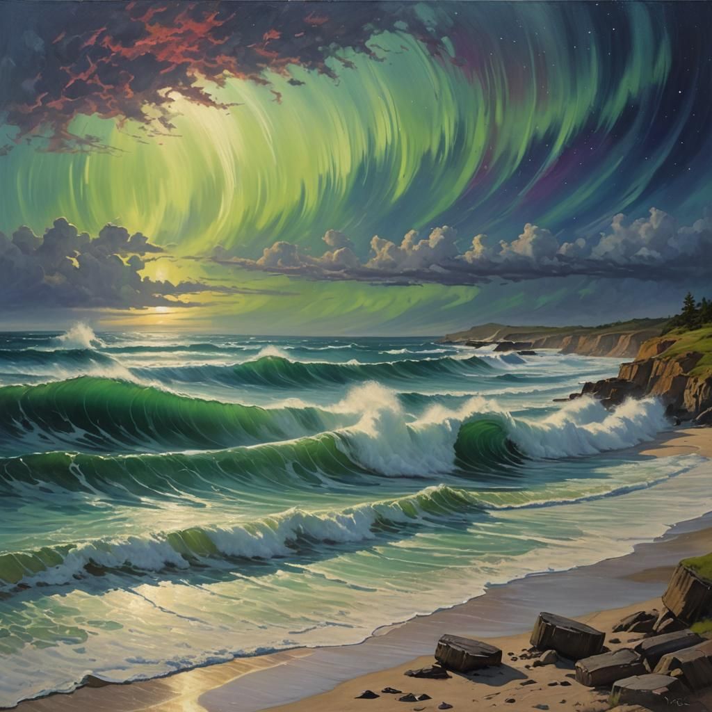 Aurora Over Beach with Waves, Oil Painting