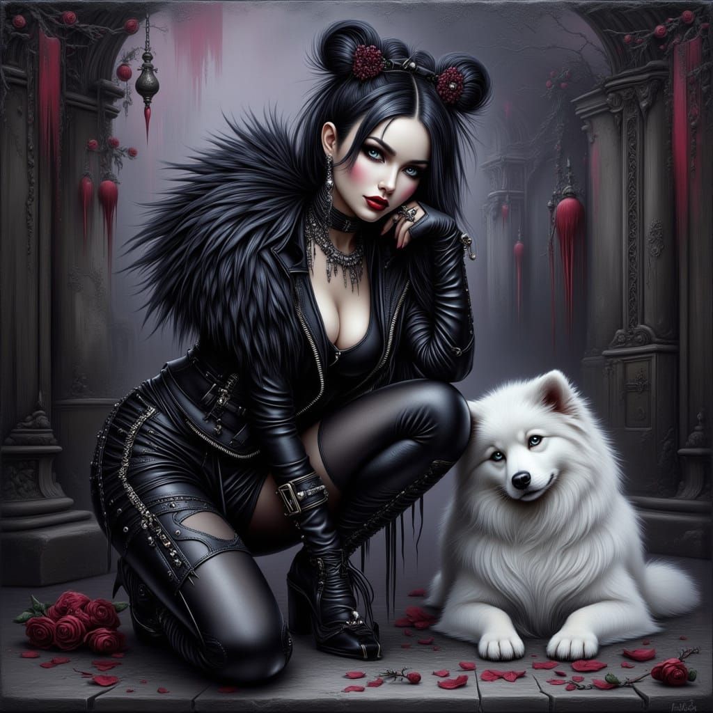 Gothic Punk Girl and Dog, Impasto Oil Painting Style