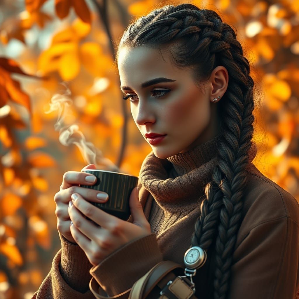 Autumn Woman with Coffee, Mech Details in Sci-Fi Style