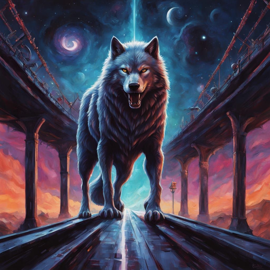 Cosmic Wolf Dances Across Starlight Bridge