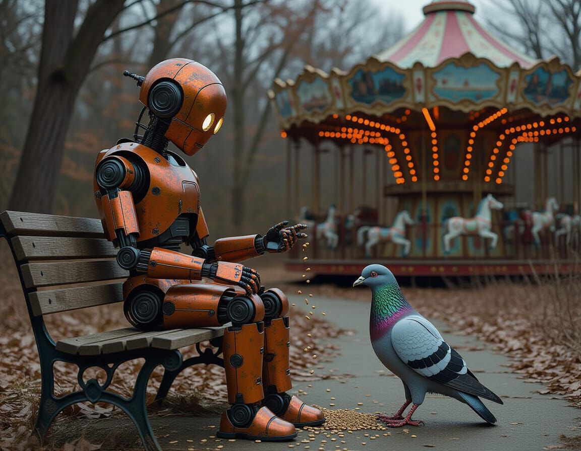 Robot and Pigeon in Abandoned Park, Gothic Style