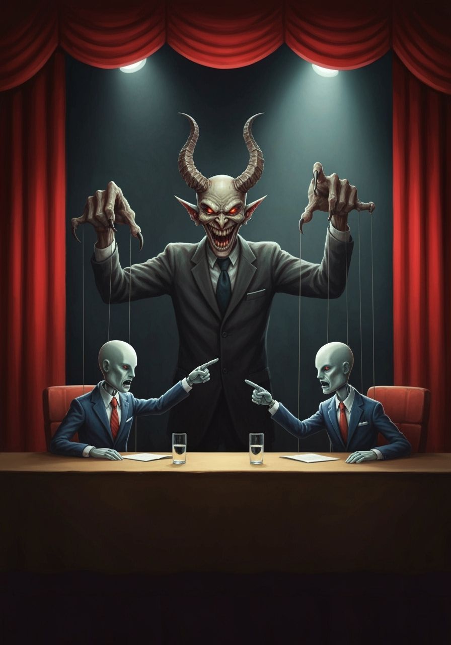 Demonic Puppet Master Directs Political Debate on Stage