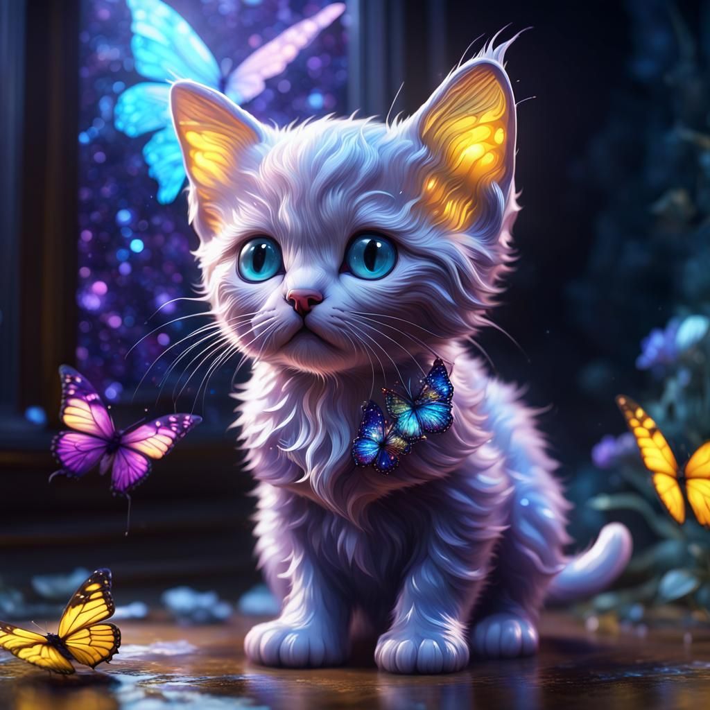 Sparkling Glass Kitten and Butterfly, Dark Fantasy Art