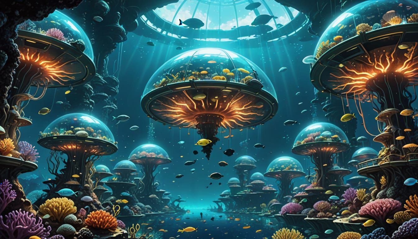 Bustling Underwater City with Bioluminescent Coral