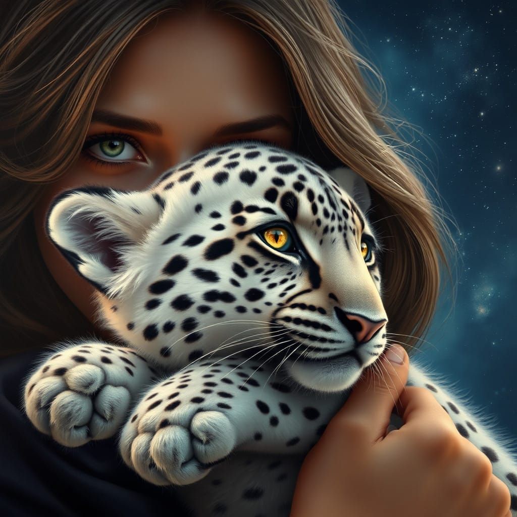 Epic Lady with Leopard Cub Under Glittering Night Sky