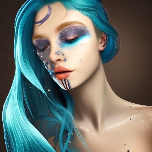 Moonlit Siren with Blue Hair, Hyperrealistic Art