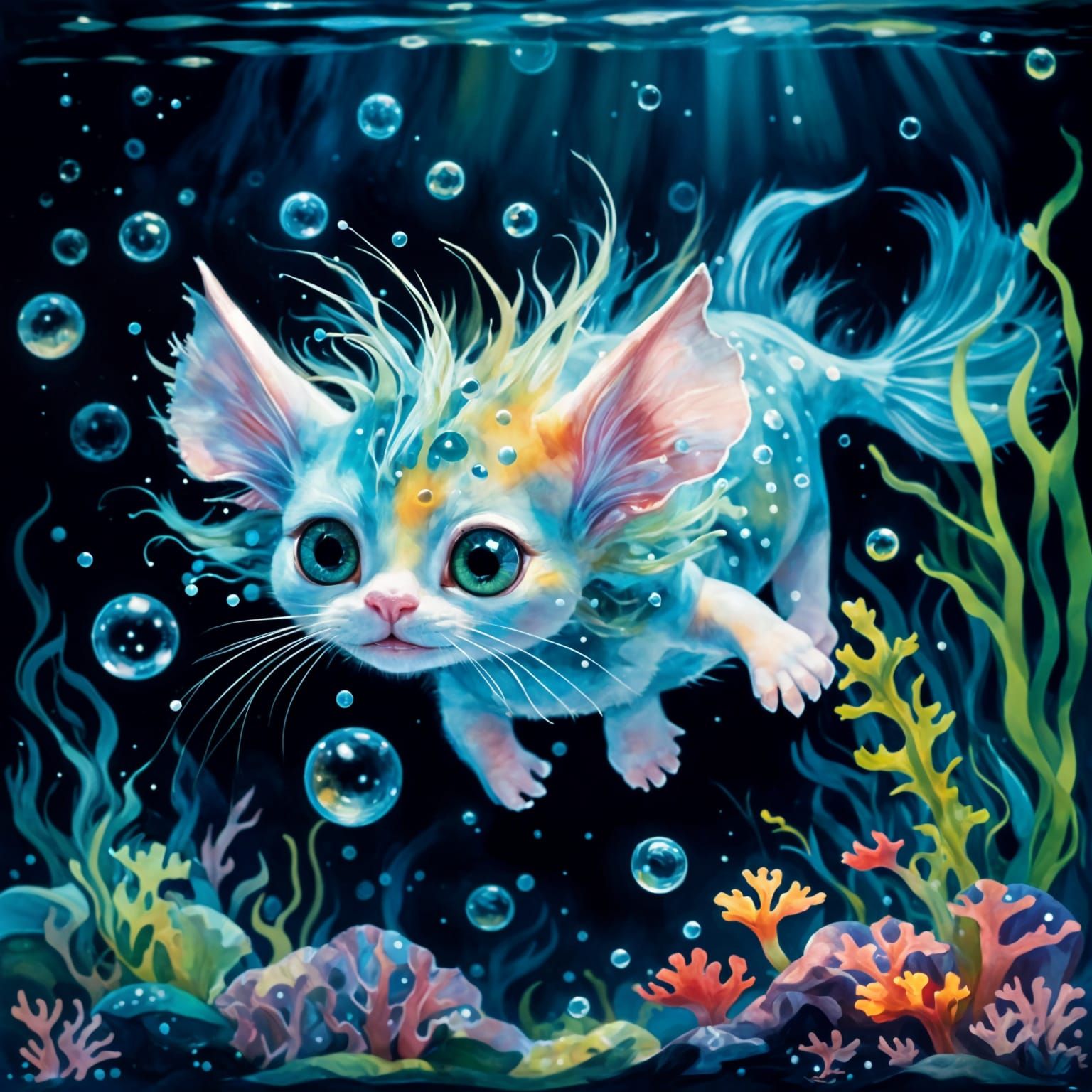Adorable Kitten-Axolotl Hybrid in Whimsical Watercolor