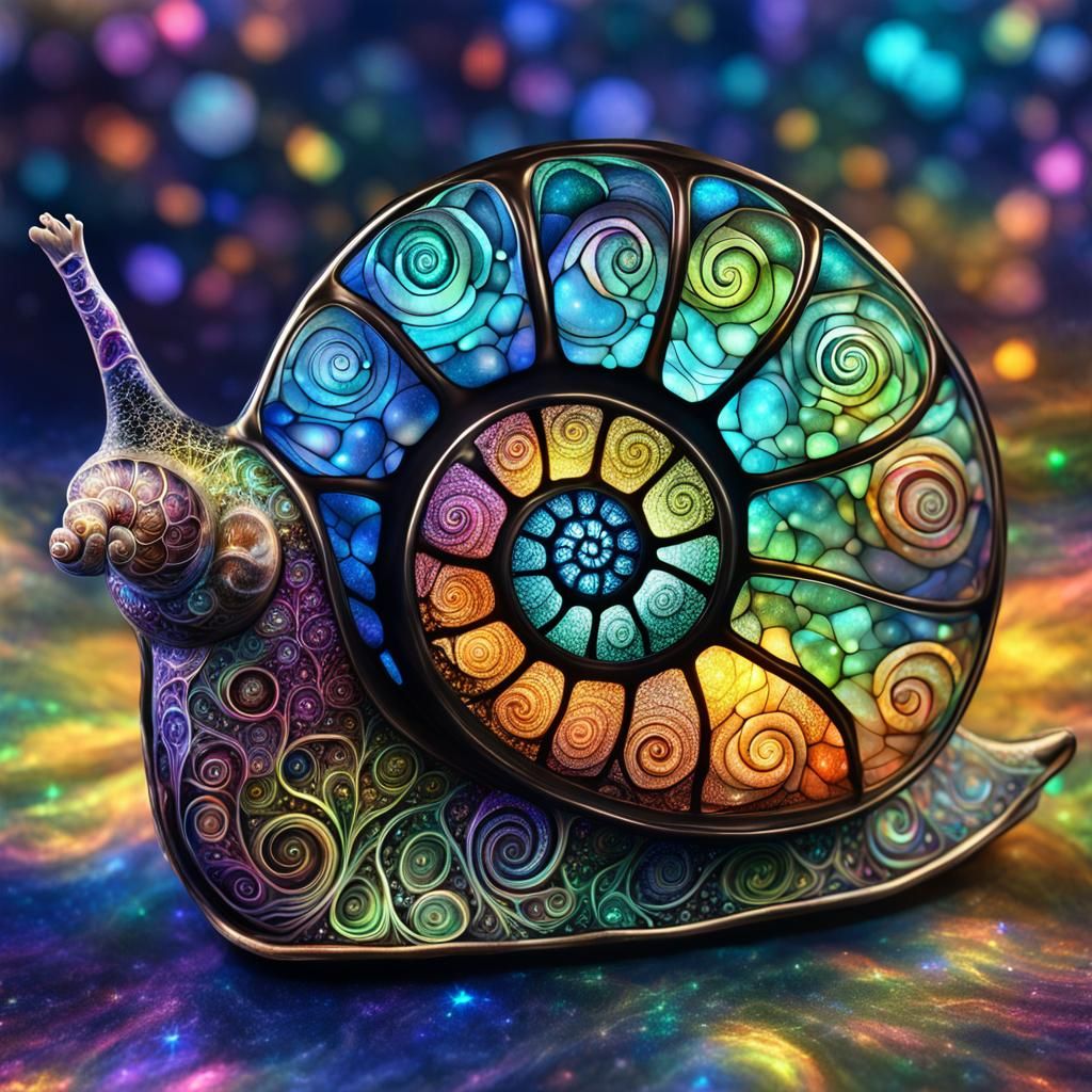 Bioluminescent Fractal Plants in Stained Glass Snail