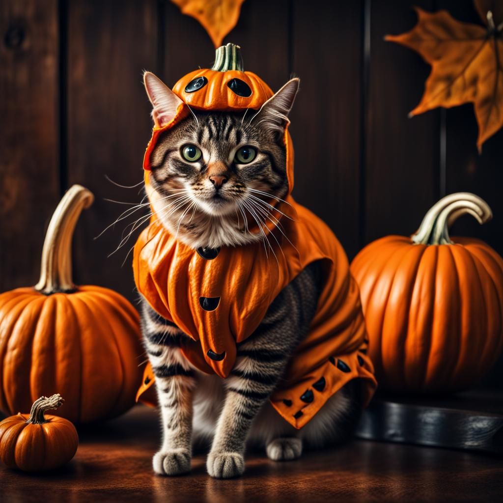 Cat in Pumpkin Costume: Hyperrealistic 64 Megapixel Image