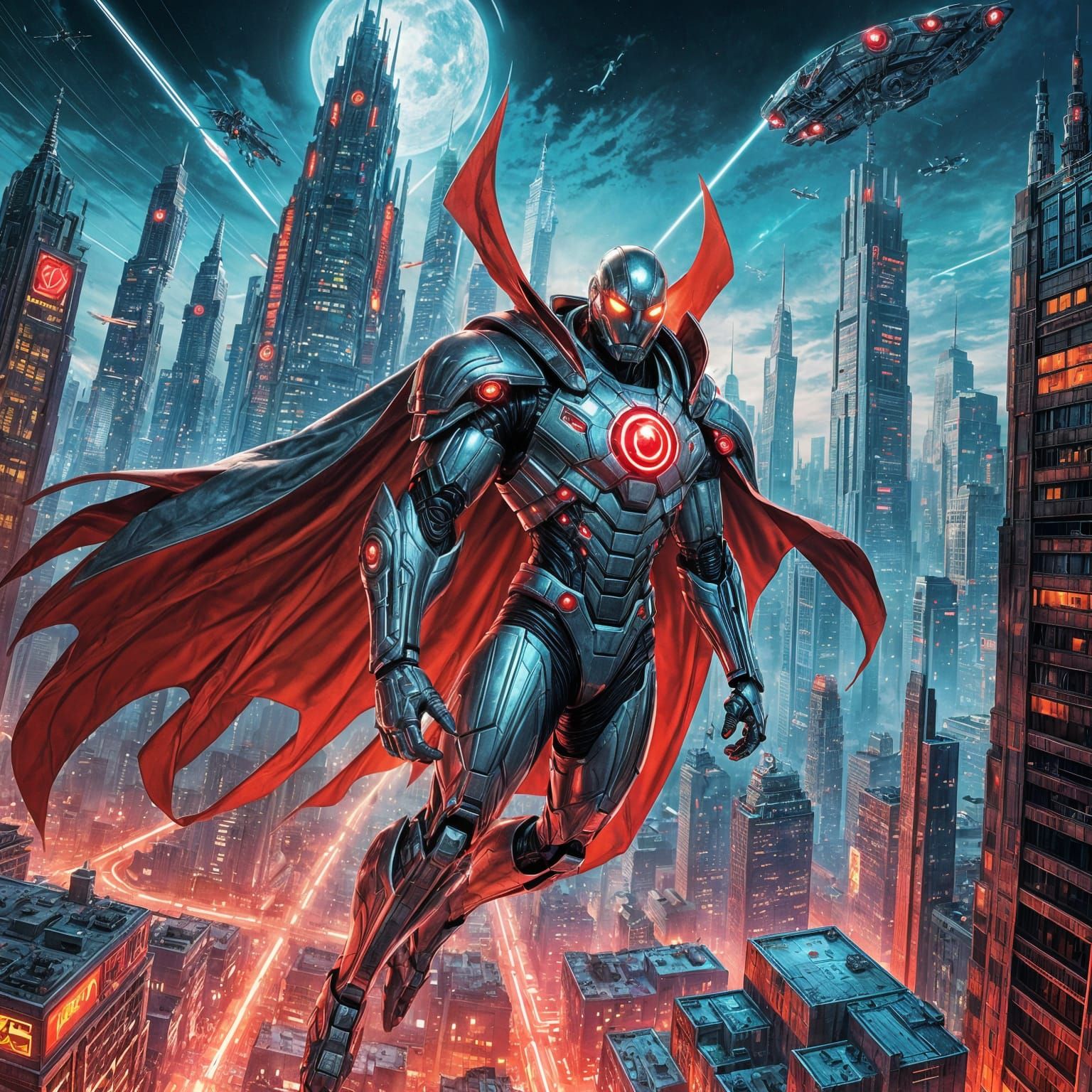 Cybernetic Villain Over Neon City in Comic Book Style