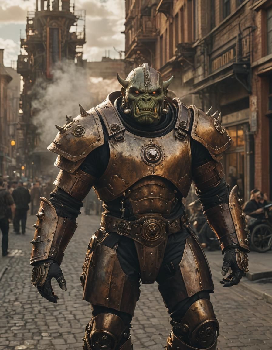 Orc Warrior in Steampunk Cityscape, Cinematic Still