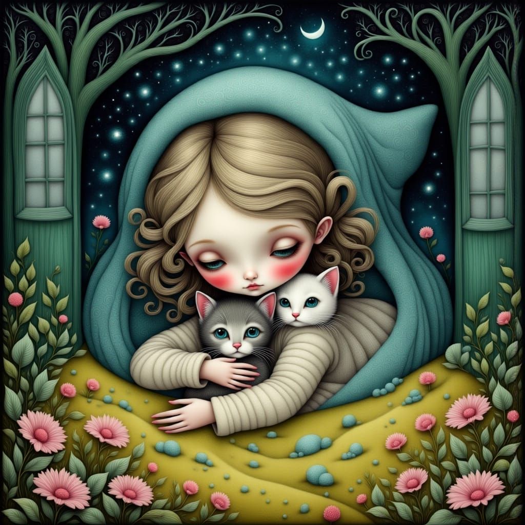 Girl and Kitten Peek Out During Storm