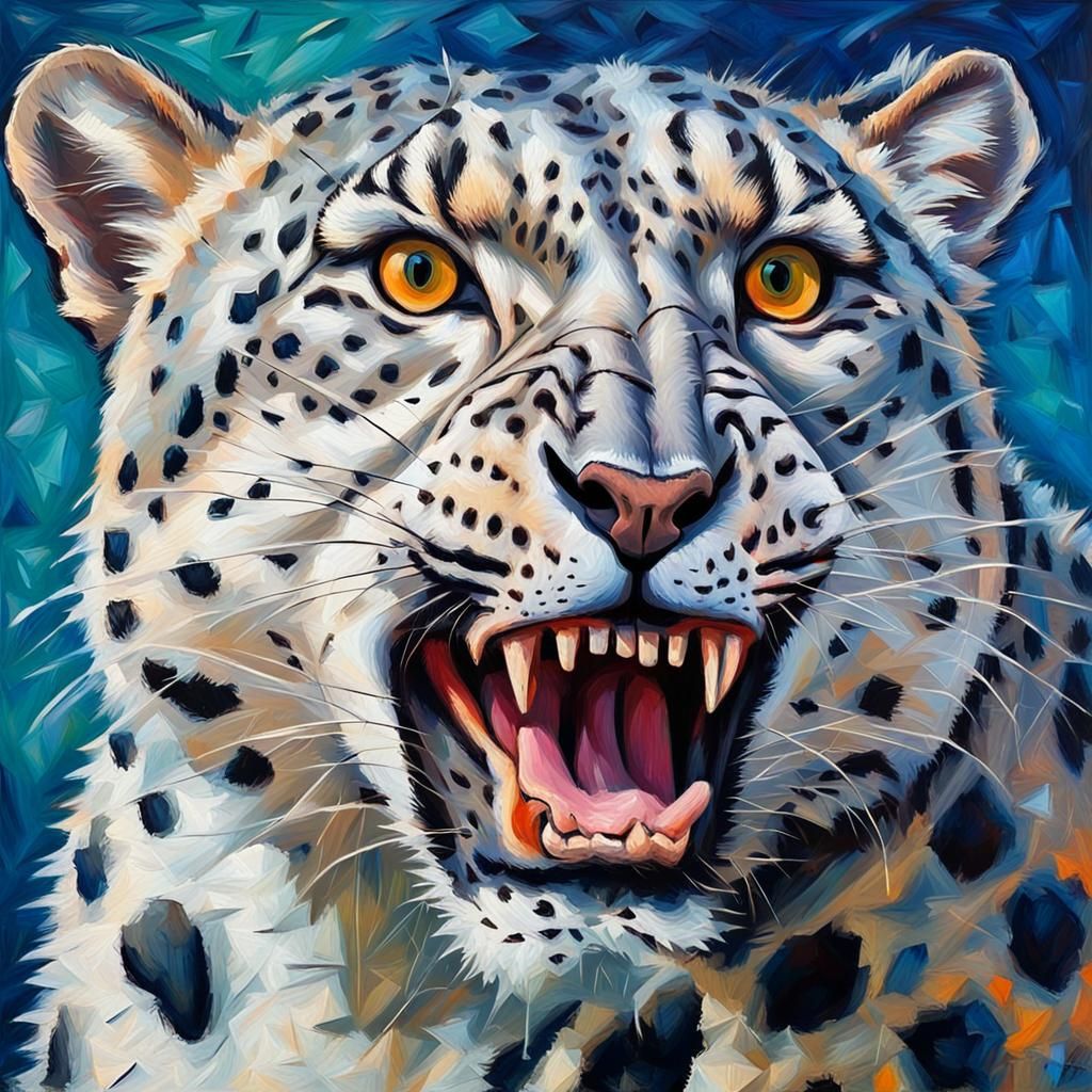 Snow leopard with pronounced elongated fangs