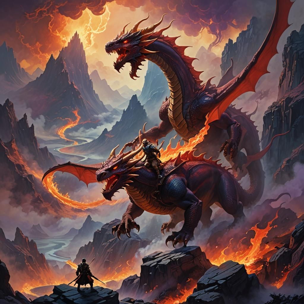 Warrior on Red Dragon Soaring Through Mountains