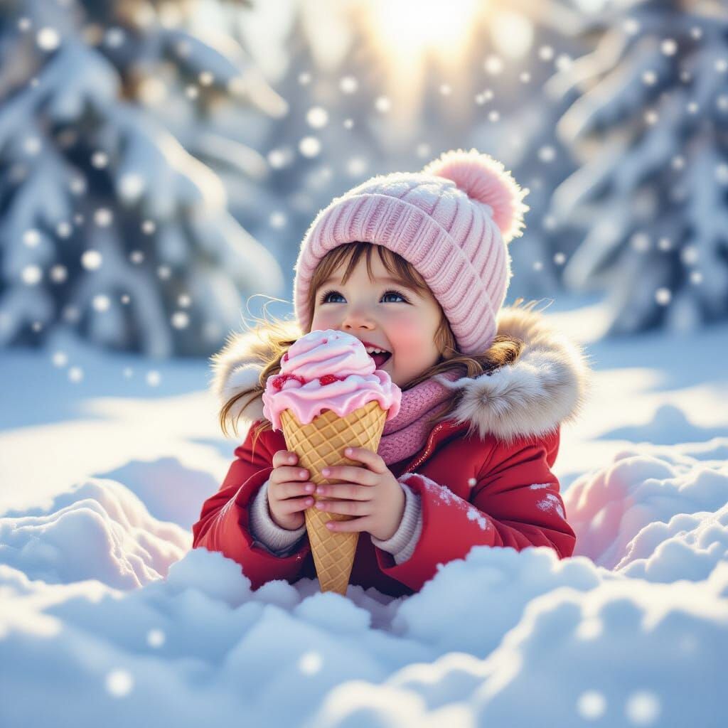 Child Enjoys Ice Cream in Snowy Wonderland, Painterly Style
