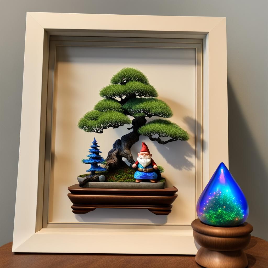 Holographic Bonsai Tree with Garden Gnome Art