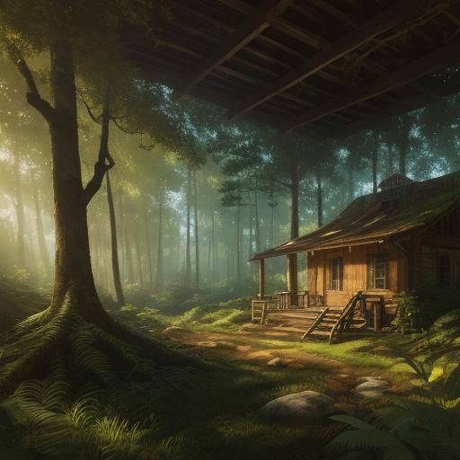 Adventurer Builds Forest Shelter: Vibrant Oil Painting