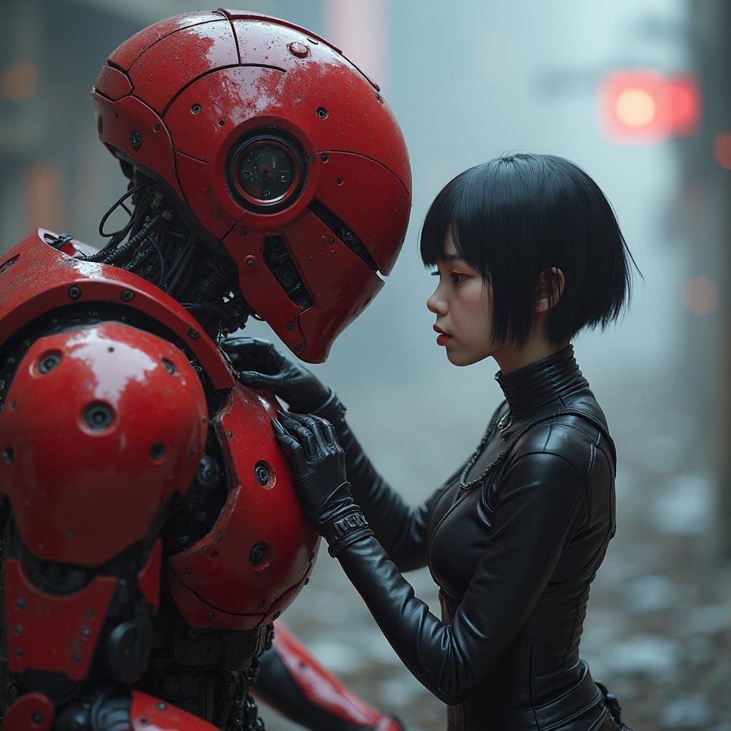 Sci-Fi Girl Repairs Red Robot in Anime Concept Art Style