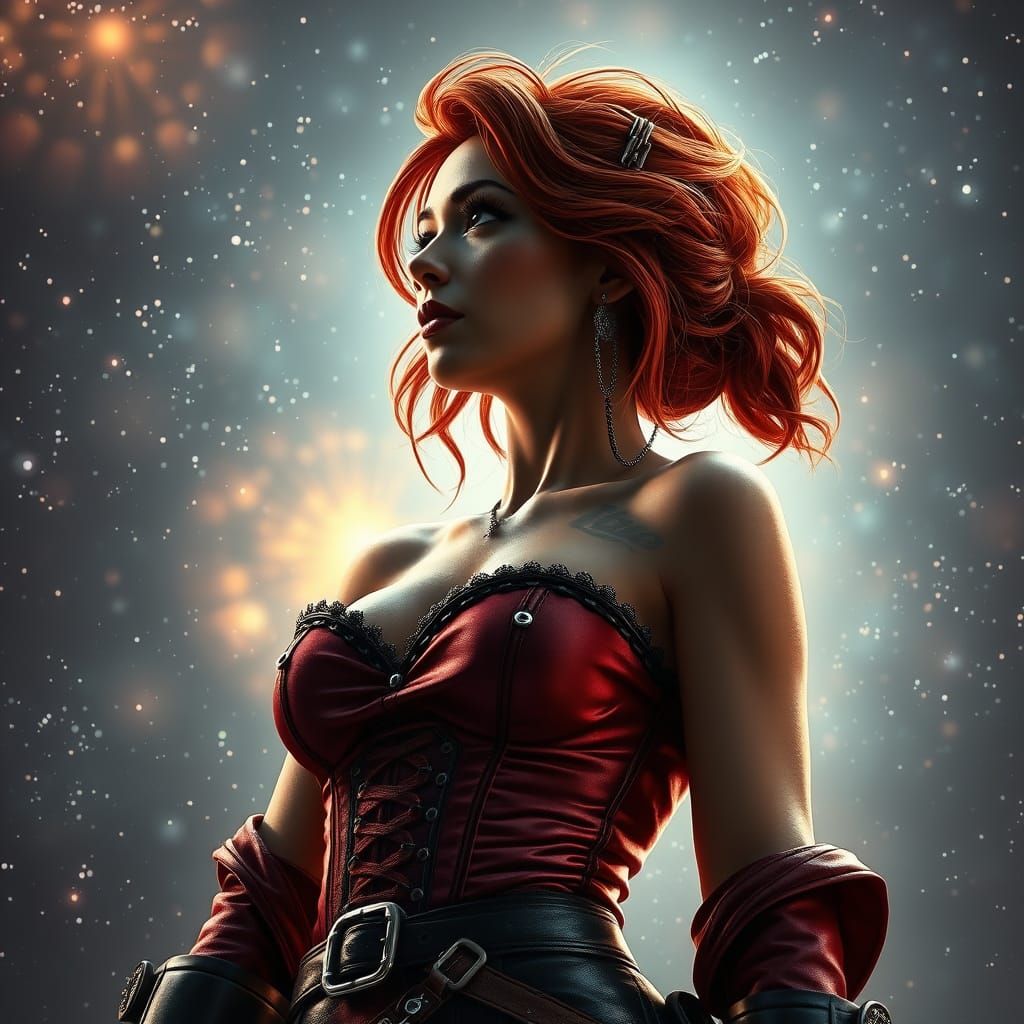 Auburn-Haired Space Pirate in Elegant Digital Art