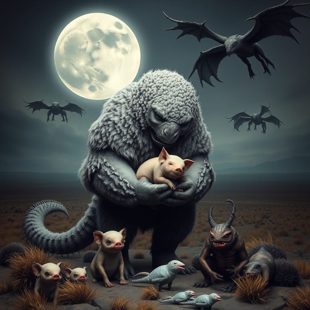 Gray Predator Tenderly Holds Pink Piglet on Haunting Steppe ...