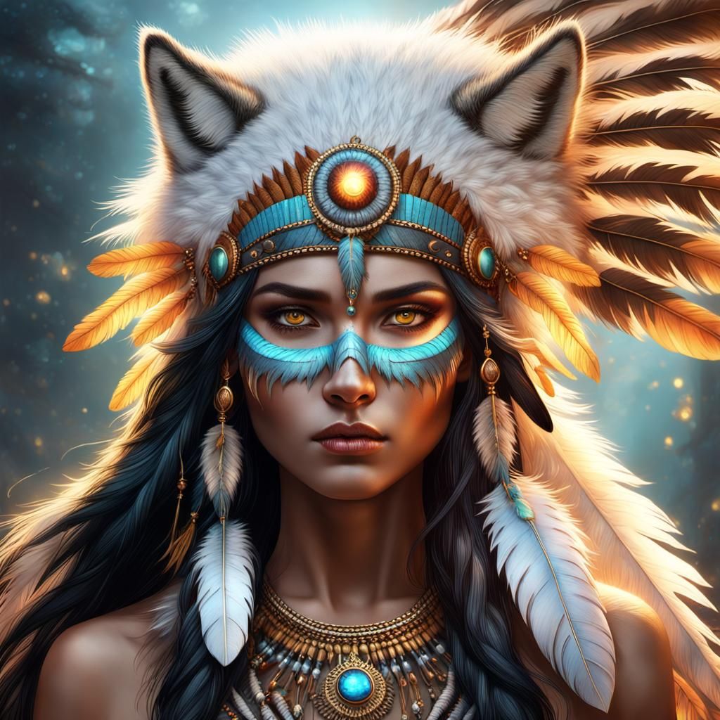 Native American Woman with Spirit Wolf