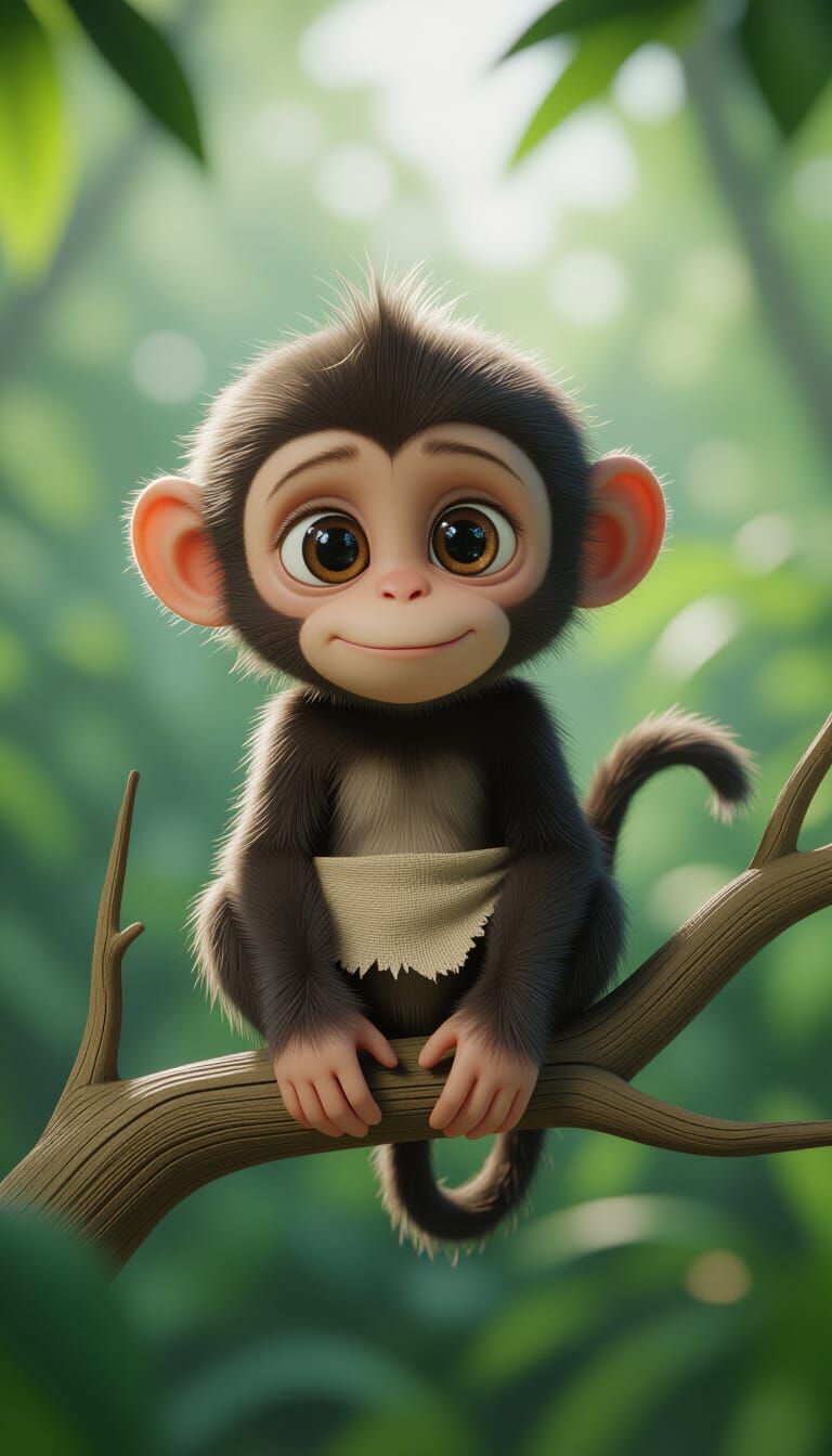 Sad Monkey in Jungle, Pixar-Style 3D Render