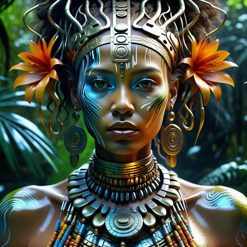 Mystic Jungle Woman in Liquid Metal Style, 3D Art
